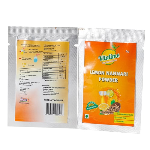 Vitalime Lemon Nannari Juice Powder | All Natural freeze Dried lemon juice powder| 100% Water Soluble | Best for Flavoring,5g(Pack of 24)